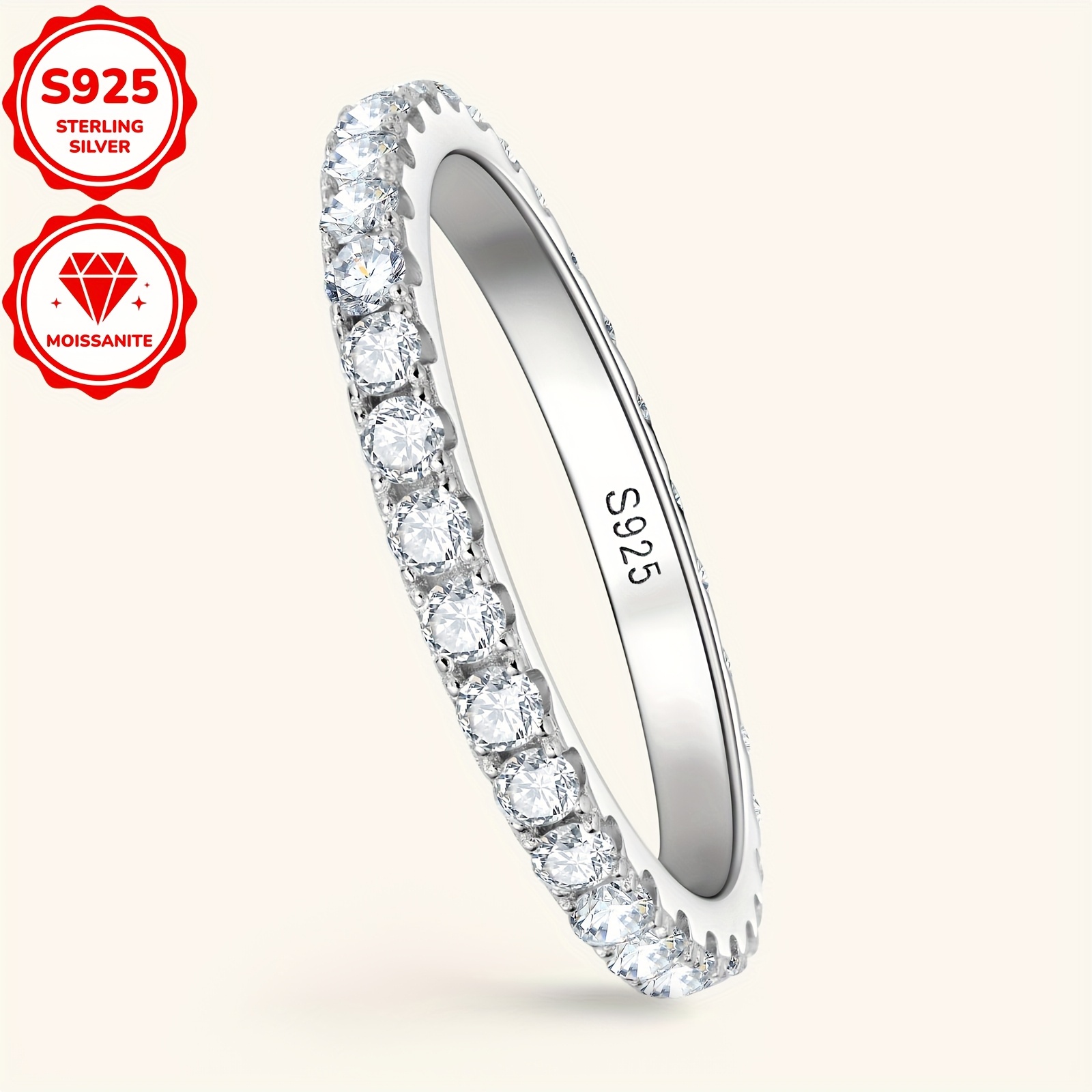 925 Silver Moissanite Stackable Band Ring 2mm 0.03ct Size 4-10